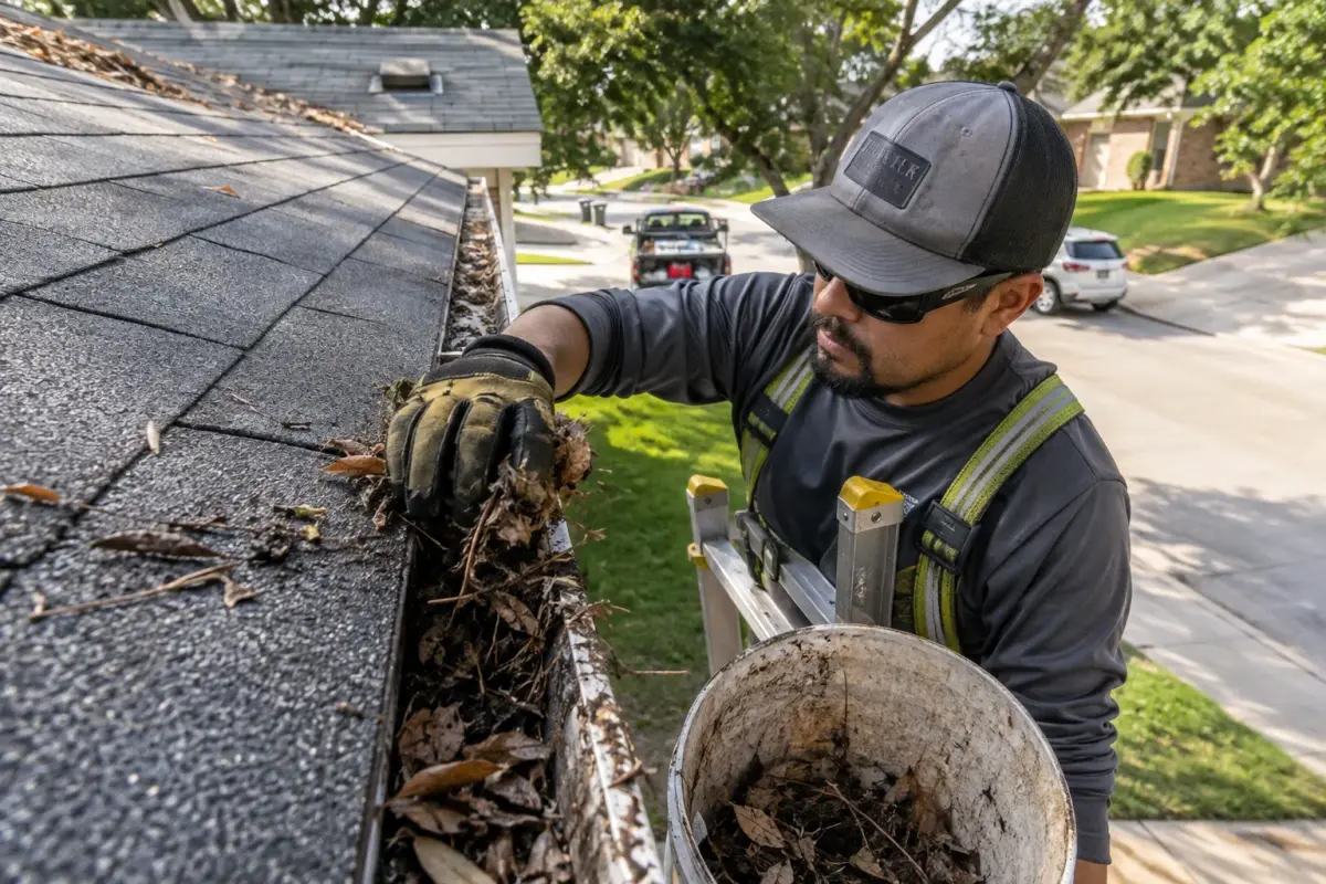 Technician hand-cleaning leaves and debris out of a K-style gutter on a San Antonio home