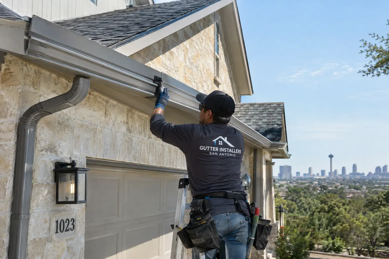 Gutter installer fastening a seamless gutter on a stone home with the San Antonio skyline and Tower of the Americas behind