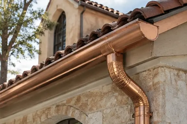 Copper half-round gutter and round downspout on a stone house with a tile roof
