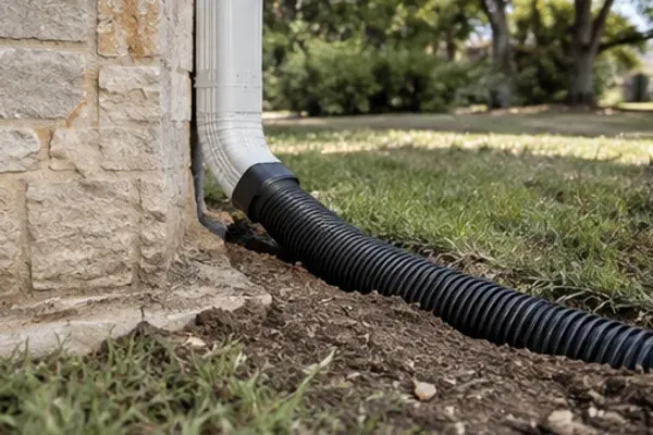 Downspout connected to an underground drain pipe to carry water away from the foundation