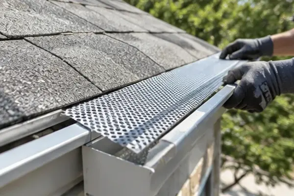 Micro-mesh gutter guard being installed under the shingles