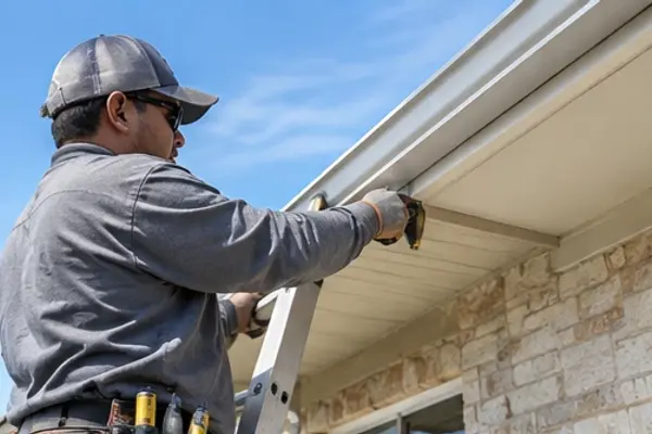 Installer on a ladder hanging a new gutter on a stone home