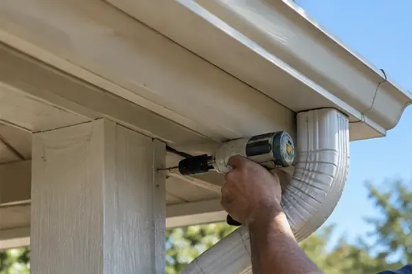Downspout being fastened to a gutter outlet with a drill
