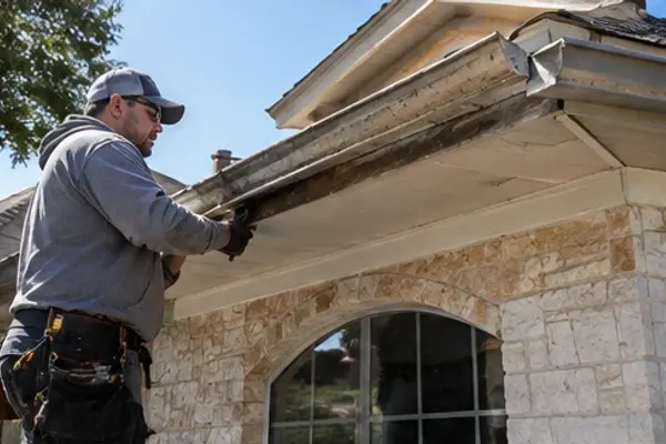 Installer removing an old damaged gutter from the fascia