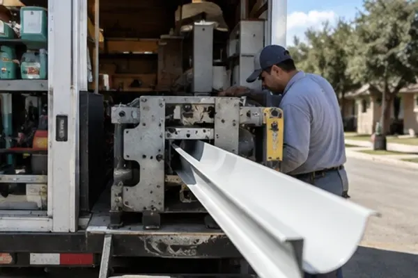 Seamless gutter being roll-formed by a machine in the back of a work truck